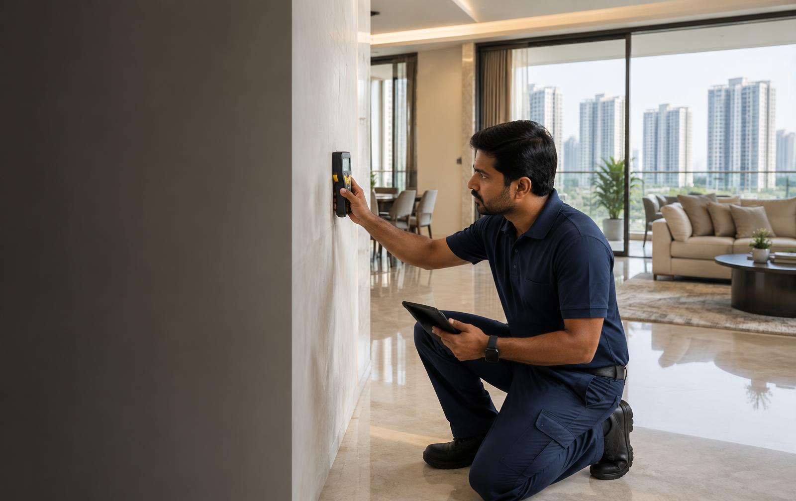 Check Expert inspector using a moisture meter in a modern Hyderabad apartment